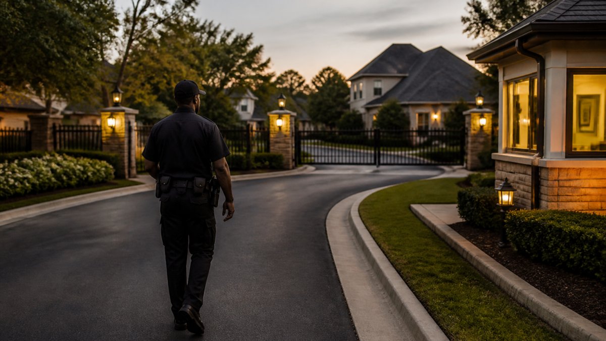 A uniformed security guard walking a residential street inside a gated community at dusk, with houses and a guardhouse visible in the background