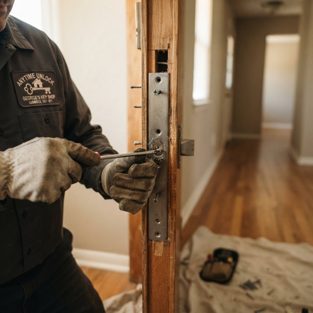 Close-up of a locksmith's hands installing a reinforced strike plate on a wooden door frame with a screwdriver, warm indoor lighting