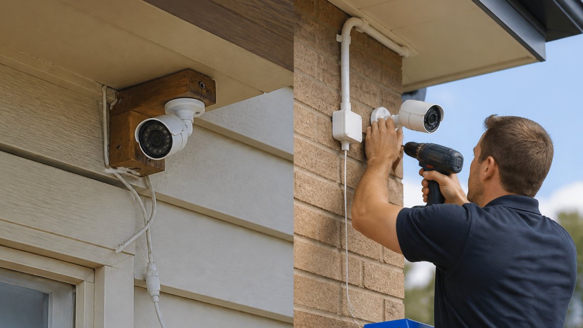 Licensed technician using professional gear to manage cables during a security system installation cost project.