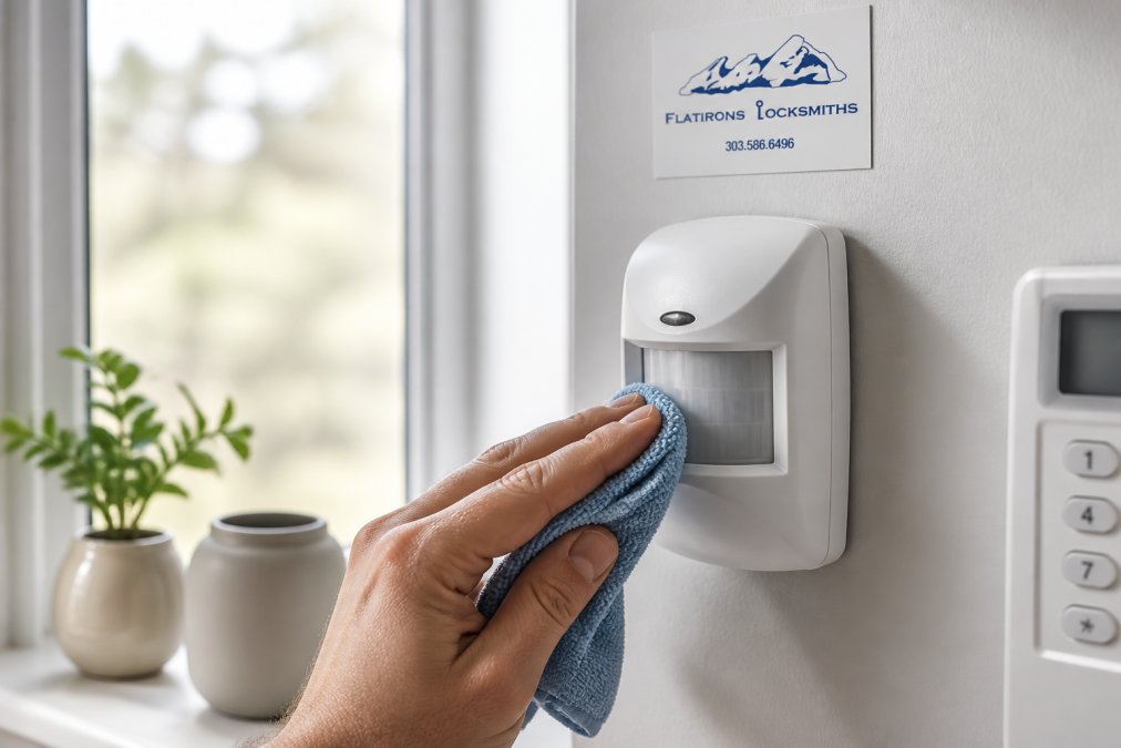 Homeowner's hand carefully cleaning a motion detector sensor with a soft microfiber cloth near a window, with natural daylight streaming through