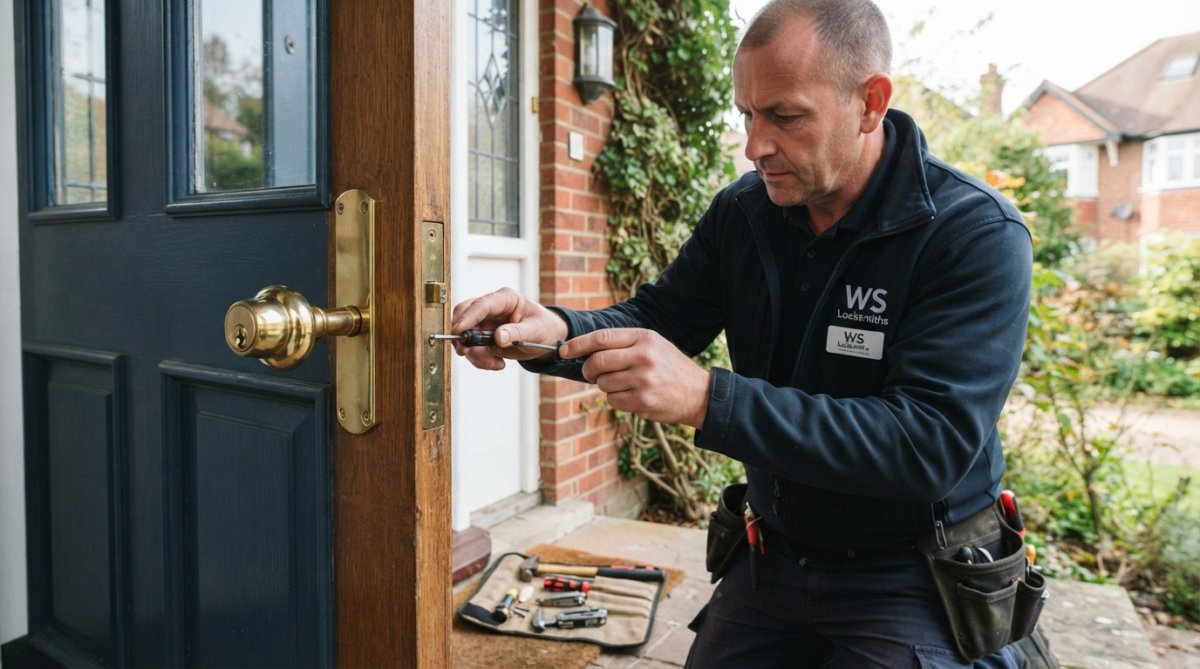 Professional locksmith installing a modern anti-snap cylinder lock into a wooden front door, showing the keyed entry point and surrounding brass fittings with natural daylight