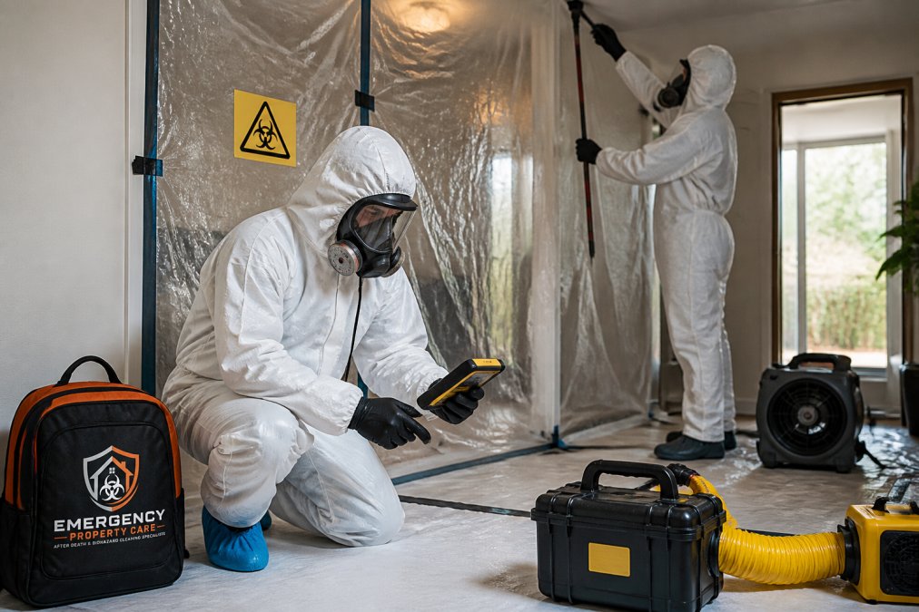 Professional restoration technicians in full hazmat suits and respiratory protection conducting biohazard decontamination assessment in a residential property, with plastic containment barriers visible and moisture mapping equipment deployed