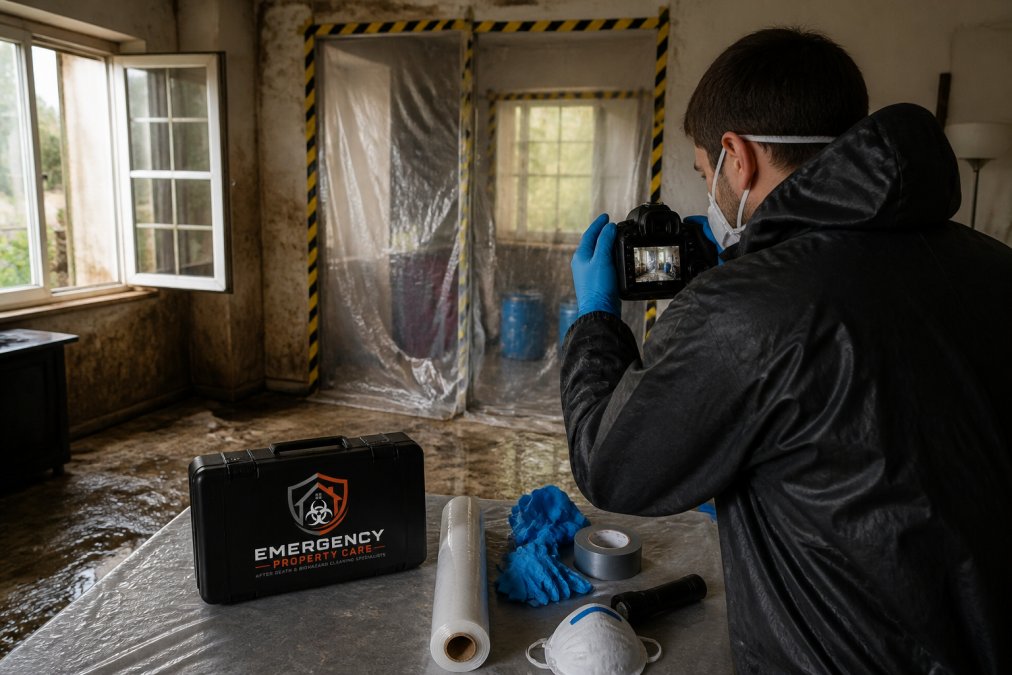 Homeowner wearing protective gloves and mask in a contaminated residential area, with windows open for ventilation and plastic sheeting barriers visible, documenting damage with a camera