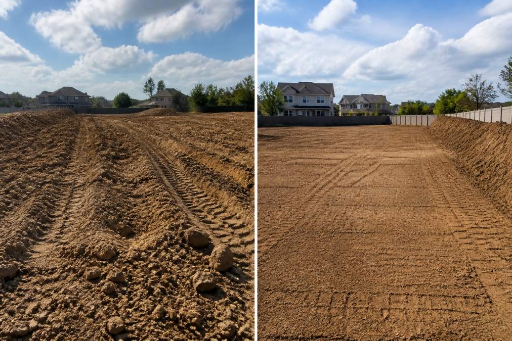 Professional demonstrating residential site grading for new construction technique in modern construction site setting with heavy machinery performing earthwork on a partially graded lot