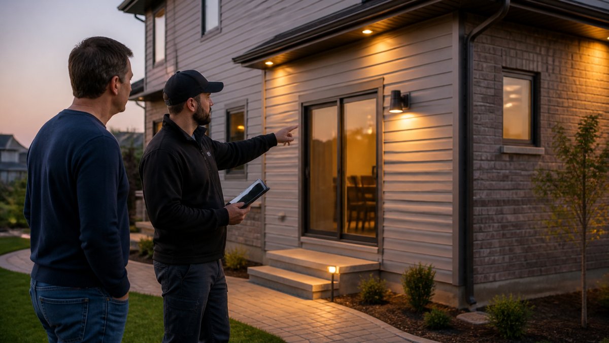 Technician and homeowner conducting a residential smart security system planning site survey at a house.