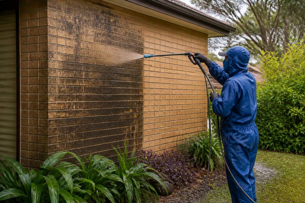 A technician in protective gear using a low-pressure soft wash wand on a residential brick home exterior, visible water spray, clean versus dirty surface contrast, garden surroundings in view