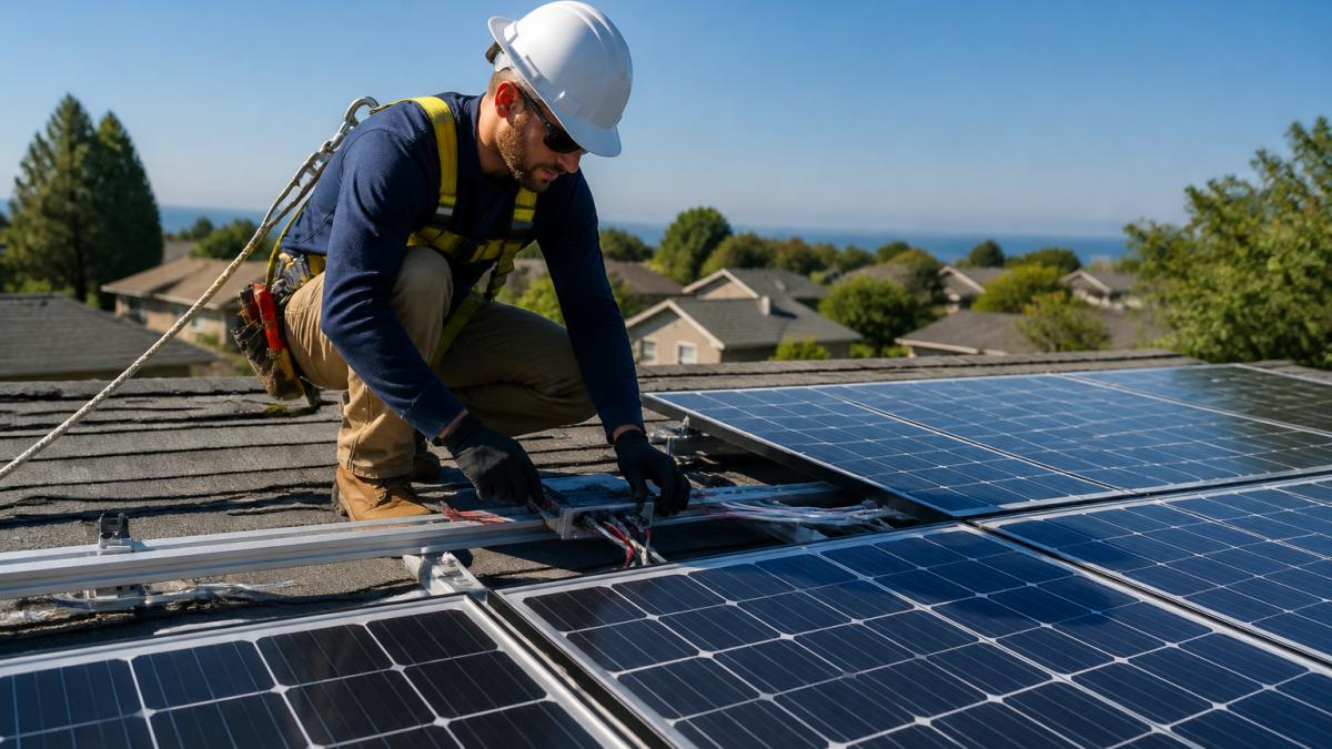 Professional solar technician in safety harness inspecting rooftop solar panel mounting system and electrical connections during daytime residential installation audit