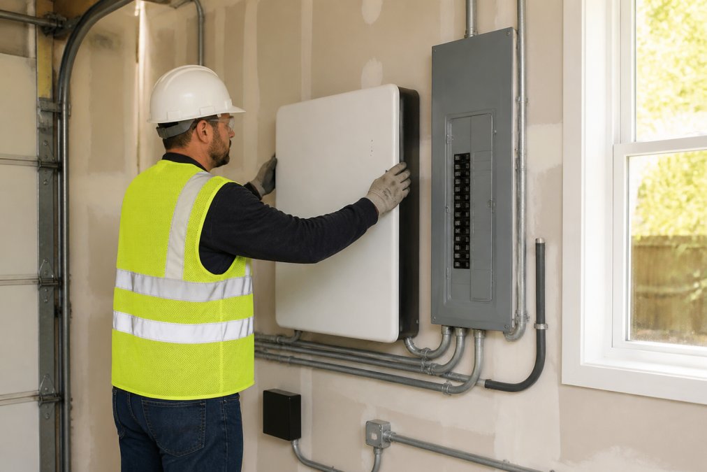 A licensed electrician in a safety vest and hard hat mounting a sleek white home battery unit on an interior garage wall next to an electrical panel, with sunlight coming through a window