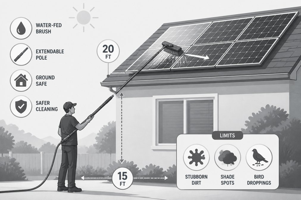 Close-up of a homeowner's hands guiding an extendable water-fed pole brush across rooftop solar panels on a low-pitch residential roof in bright afternoon sunlight, showing the cleaning motion from a safe standing position on the ground