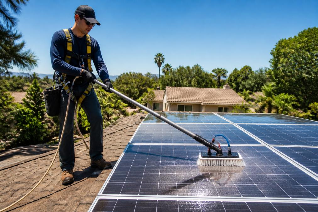 A technician in safety harness and gear operating a water-fed pole with a soft-bristle brush to clean rooftop solar panels on a sunny day, with a residential home's roofline and backyard visible in the background