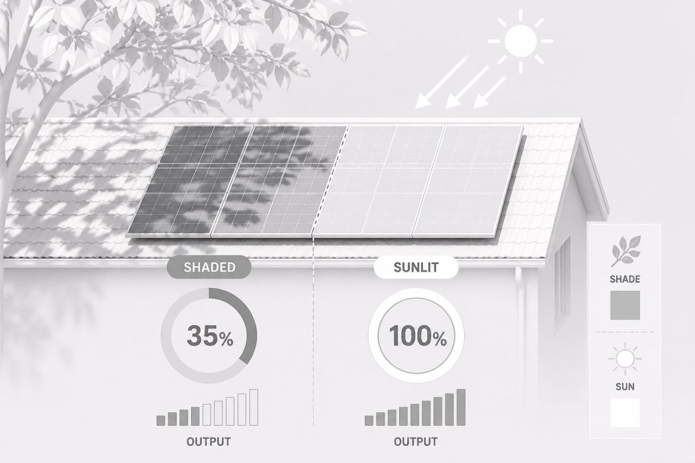 Close-up of rooftop solar panels partially shaded by overhanging tree branches on a residential home, showing contrast between shaded and sunlit panels in bright midday sunlight