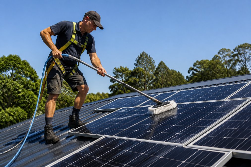 A tradesperson in work clothes carefully cleaning rooftop solar panels with a soft brush and hose on a sunny day, viewed from a safe working angle on the roof