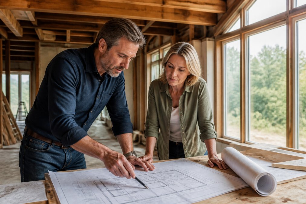 Structural engineer or architect reviewing architectural blueprints and 3D design visualization on tablet with homeowner at residential construction site, natural lighting from windows
