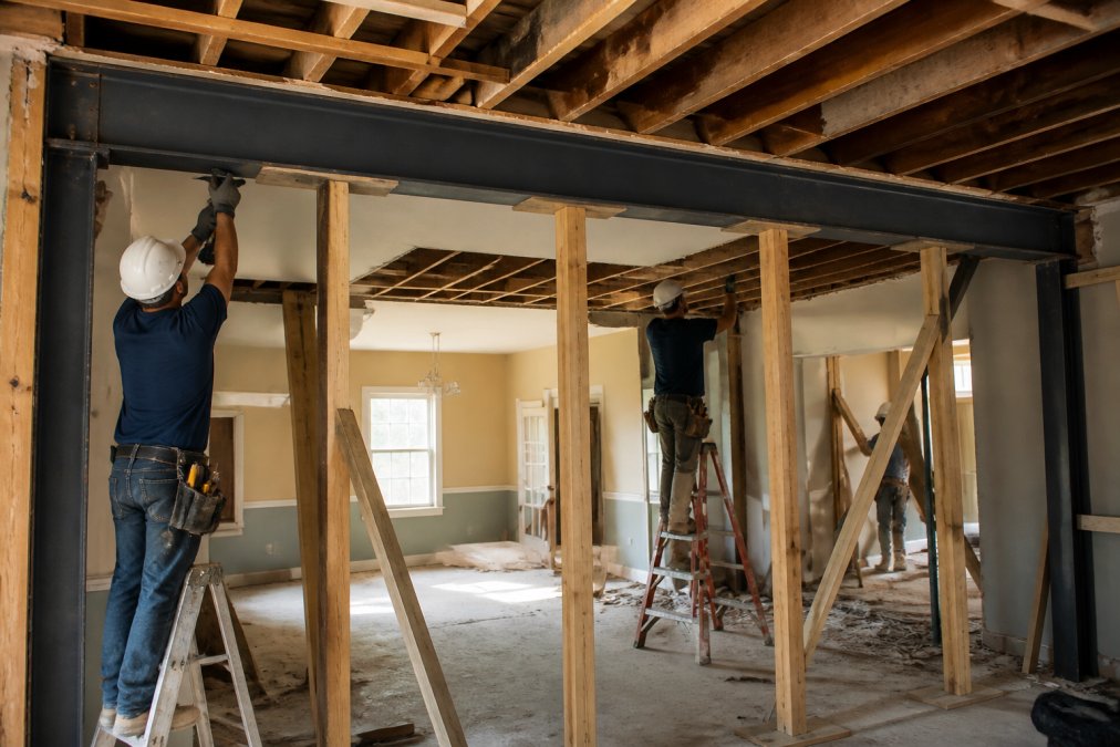 Construction crew installing steel beam structural support in residential home during structural remodeling, with temporary wooden shoring posts and braces in place, workers wearing safety equipment and hard hats