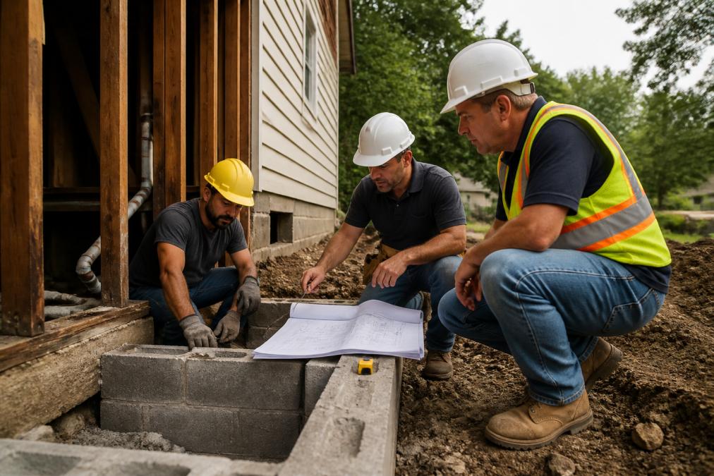 Professional construction team wearing safety equipment and hard hats on residential job site, examining structural framing and foundation work with precision instruments and blueprints visible