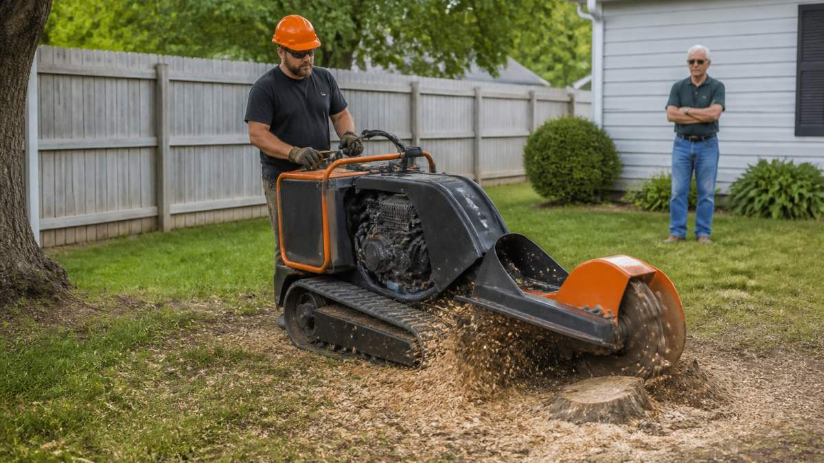 Professional operator using a stump grinding service machine in a residential backyard while a homeowner watches