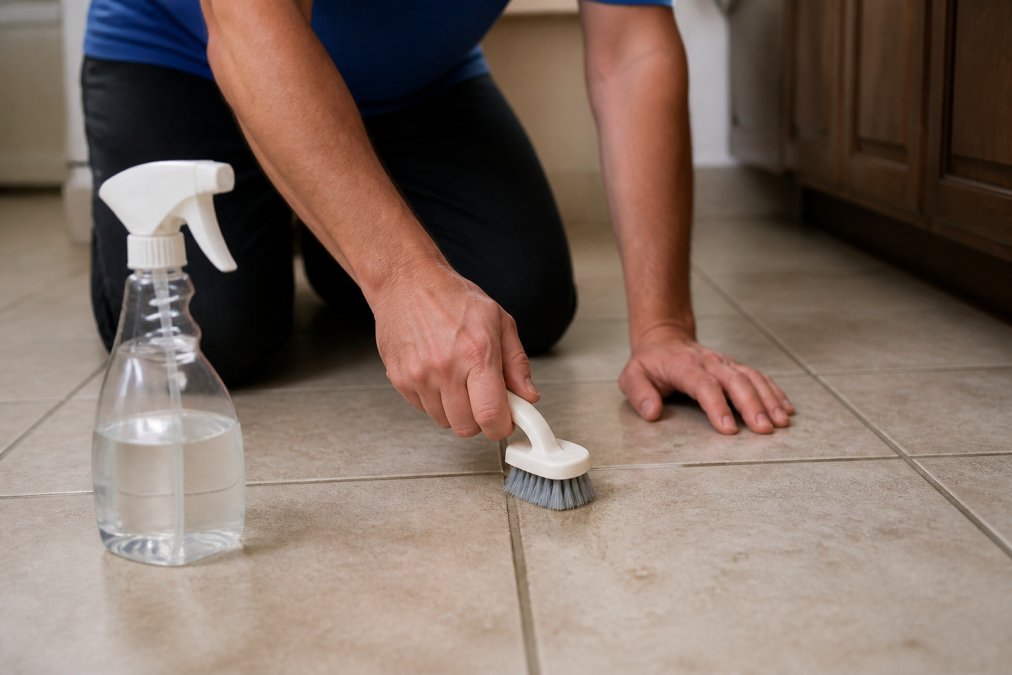 A close-up of a person's hands using a soft-bristled brush to scrub the grout lines of a ceramic tile floor, with a spray bottle of cleaning solution nearby