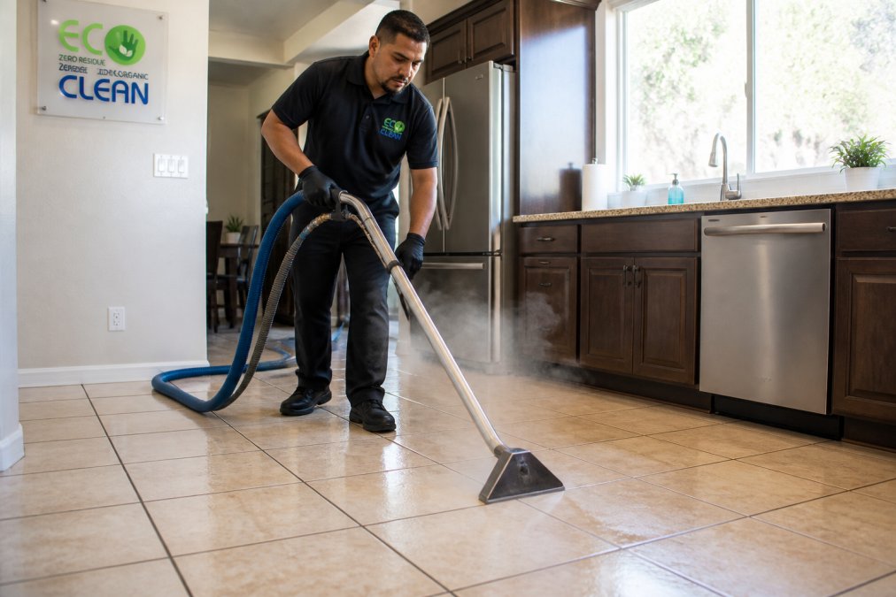 Technician using a steam cleaner for a professional tile cleaning service on a bright residential kitchen floor.