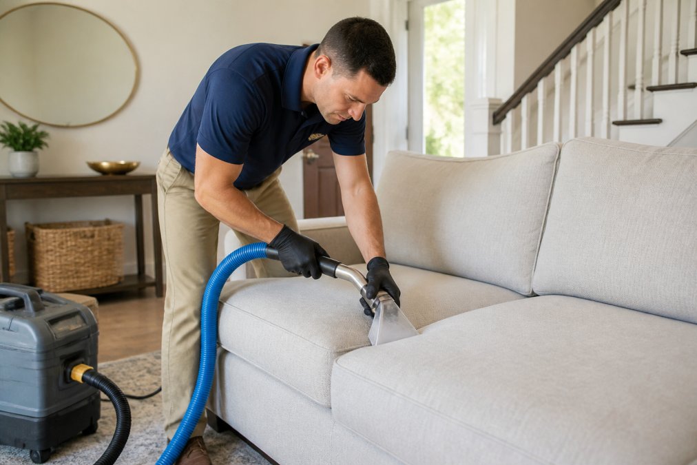 A professional cleaner in uniform using a hot water extraction machine on a light-colored fabric sofa in a bright living room, with clean upholstery visible in the foreground