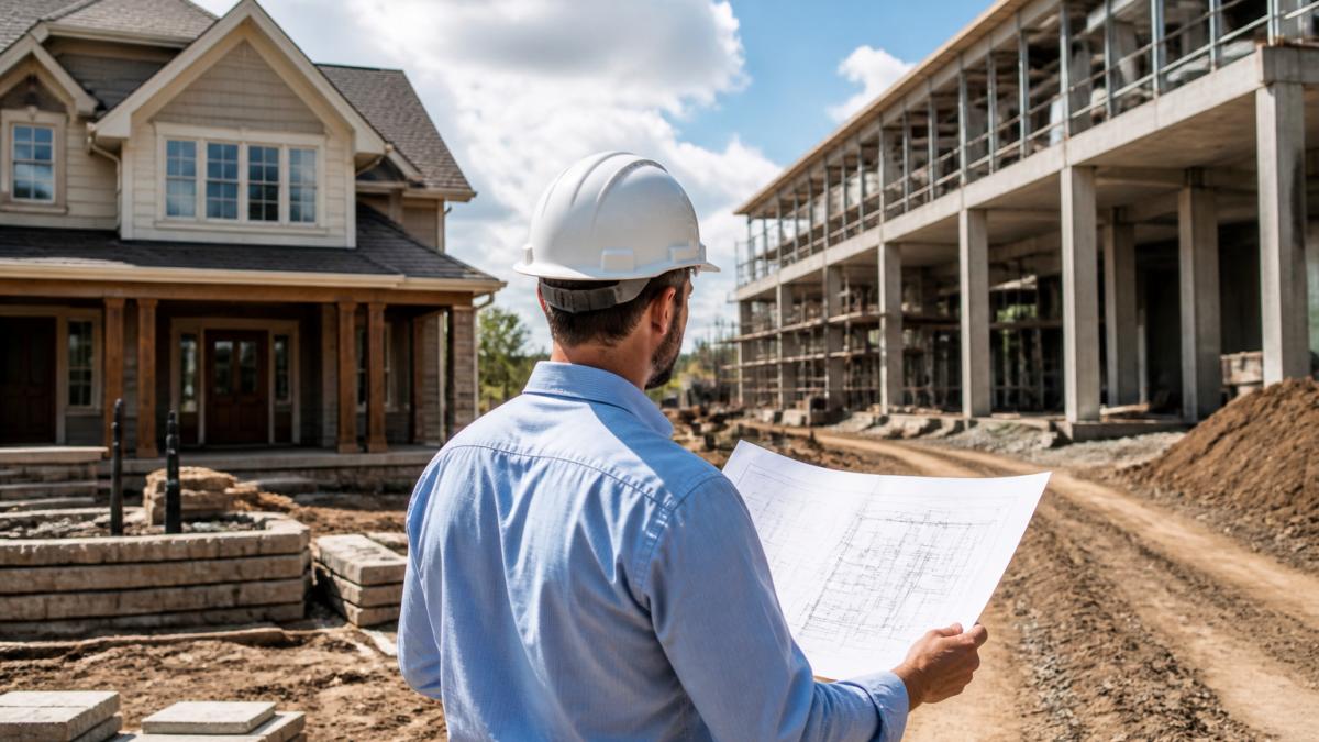 Infographic comparing project scale and renovation expertise between residential homes and commercial buildings.