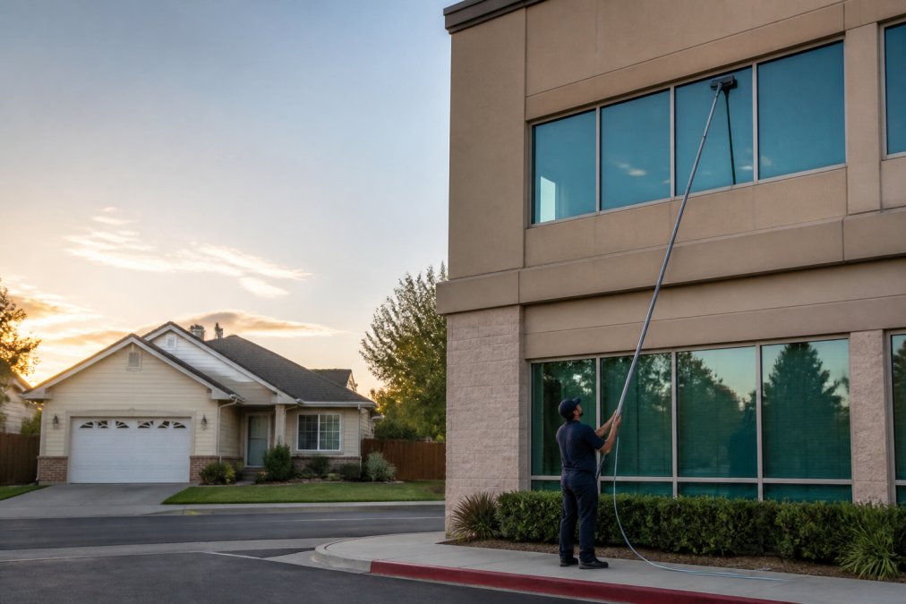 A professional window cleaner using a water-fed pole to reach the second-story windows of a small office building, with a single-family home visible across the street in late-afternoon light