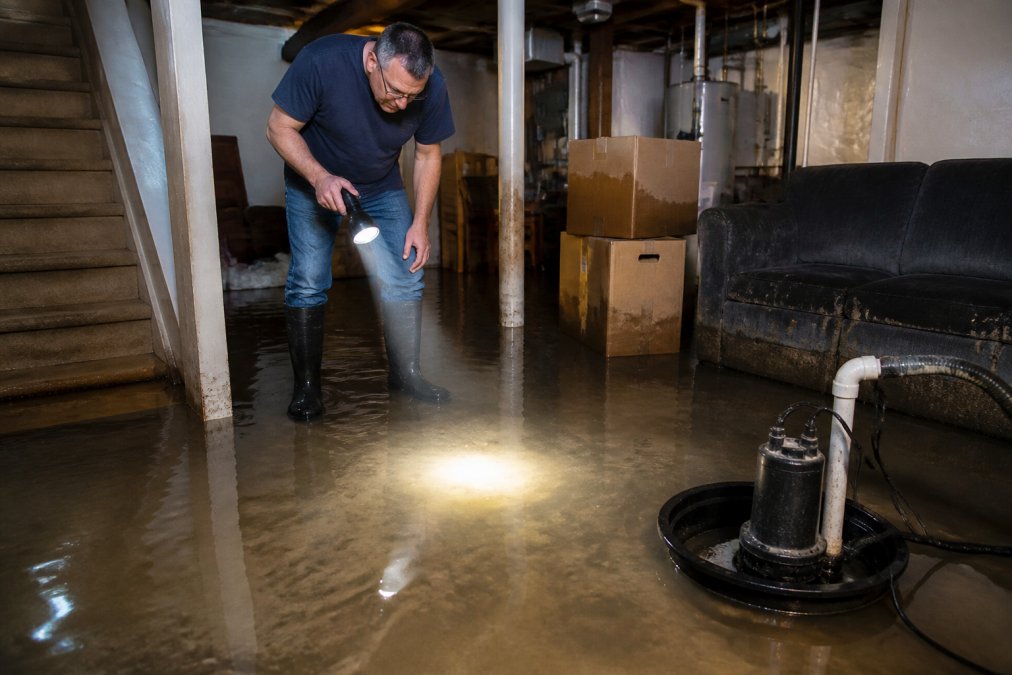 A homeowner in casual clothes standing in a flooded basement, shining a flashlight on water covering the floor, while a sump pump sits nearby, with visible water lines on cardboard boxes and a soaked couch