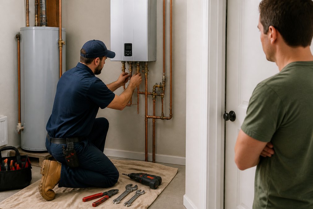 A licensed plumber in uniform connecting a new tankless water heater to copper pipes in a clean residential utility room, with tools laid out on a drop cloth and a homeowner watching from the doorway