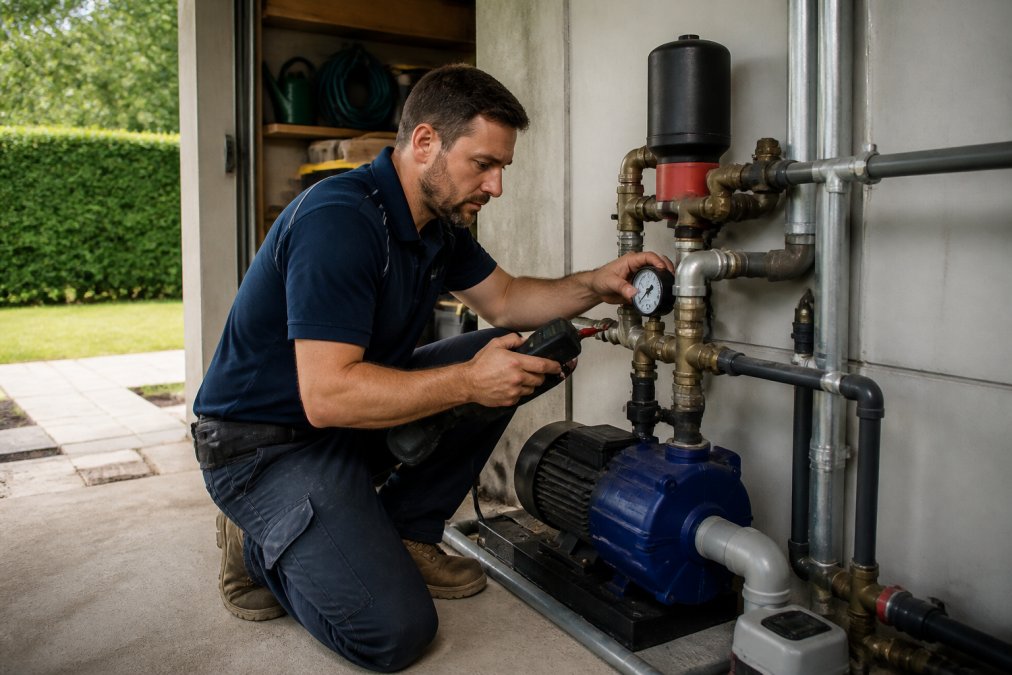 Professional technician inspecting residential water pump system in garage utility area, checking pressure gauges and connections with diagnostic tools in natural daylight