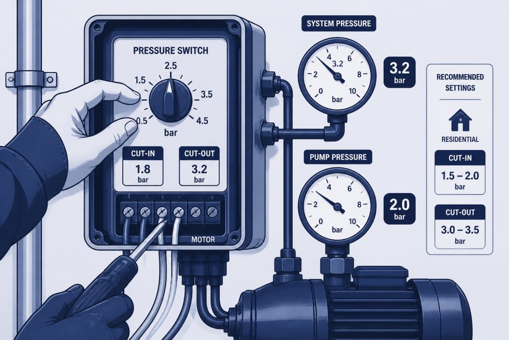 Close-up of technician's hands adjusting pressure switch dial on pump control box, showing diagnostic gauges and electrical connections in utility room lighting