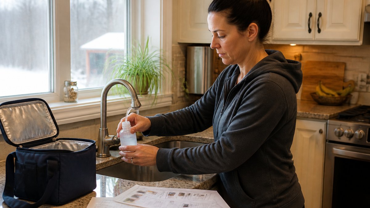 Homeowner collecting a well water sample for residential water testing services GTA in a rural kitchen.