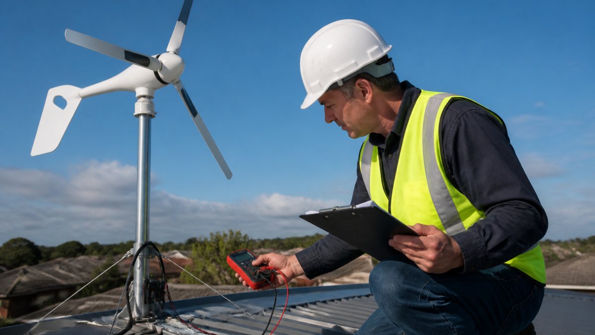 CEC-accredited installer examining residential wind turbine installation on rooftop, checking safety connections and compliance documentation with clipboard and testing equipment