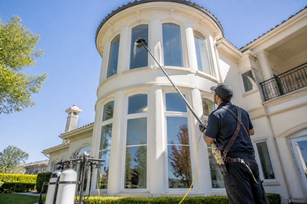 A professional window cleaner using a water-fed pole with a purified water system to clean high exterior glass on a large two-story estate home, wearing a safety harness and branded uniform, bright sunny day