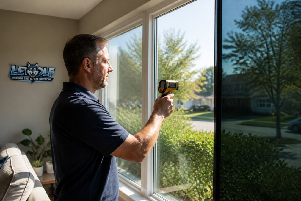 Homeowner using an infrared thermometer on a tinted window to measure window film energy savings