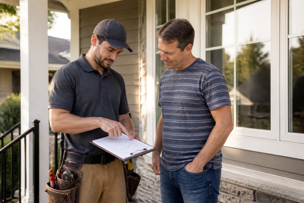 A contractor in work clothes reviewing window specifications with a homeowner on a residential porch, pointing at a clipboard with measurements, soft afternoon light