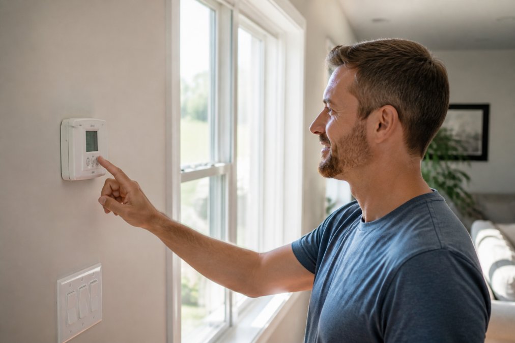 Homeowner checking thermostat on sunny afternoon with bright light streaming through residential window, showing comfort and temperature control