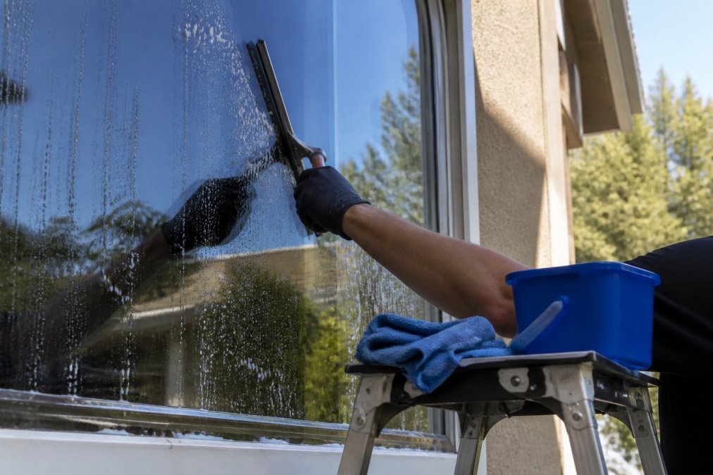 A gloved hand pulling a professional-grade squeegee down a large pane of glass on a sunny day, with a microfiber cloth and bucket resting on a ladder platform nearby