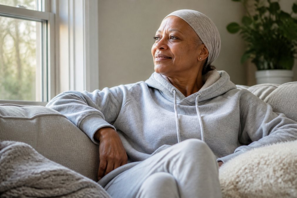 Cancer survivor wearing soft, comfortable hoodie in relaxed home setting by window with natural light, expressing comfort and ease during recovery