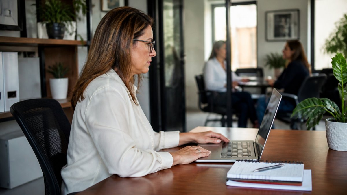 Practice manager reviewing revenue cycle analytics on a laptop in a modern office with financial dashboards visible on screen