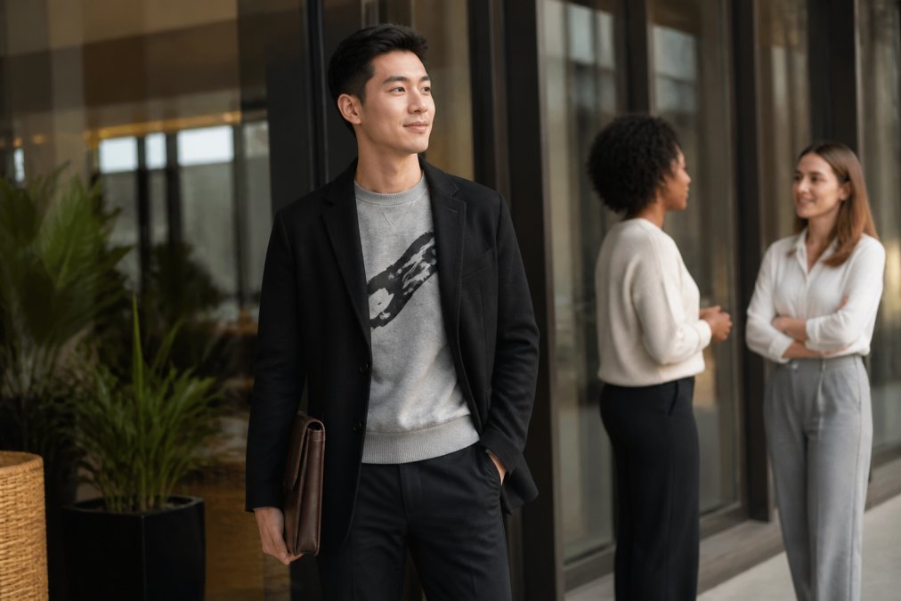 A young corporate professional in a smart casual outfit featuring a subtle graphic sweatshirt, standing confidently in a modern office lobby, holding a laptop bag
