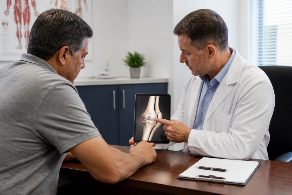 A physician in a modern clinic consulting with a middle-aged patient, both looking at a tablet showing a joint model on screen