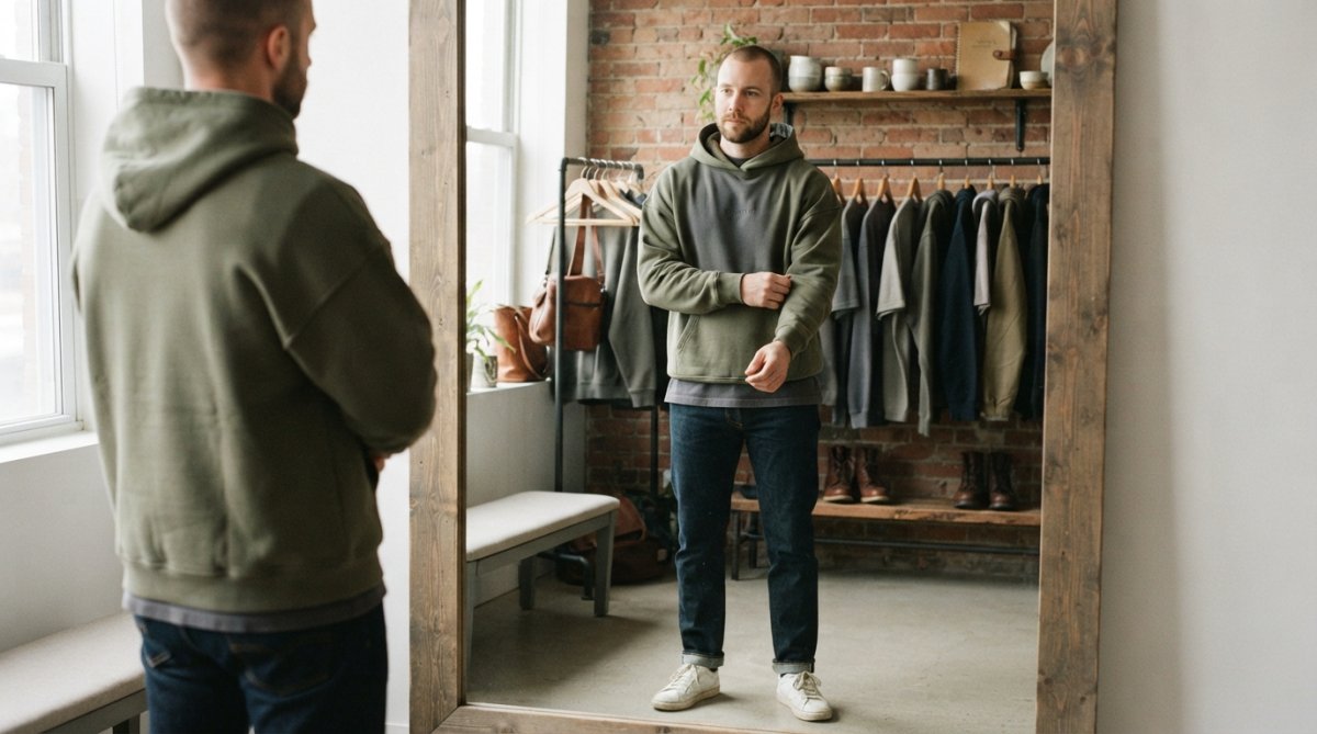 Person wearing oversized recovery apparel hoodie with boxy silhouette and dropped shoulders, styled with complementary streetwear pieces including tailored pants, photographed in natural lighting to demonstrate fit and proportions
