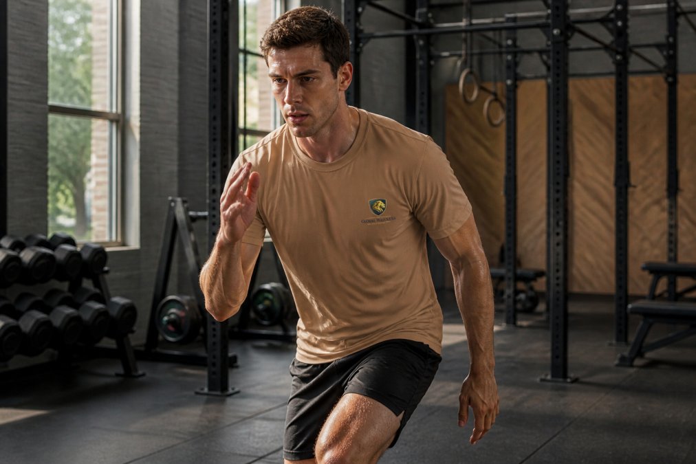 Athlete in motion performing high-intensity interval training while wearing a sleeveless performance tank, showing sweat management and movement freedom during intense exercise