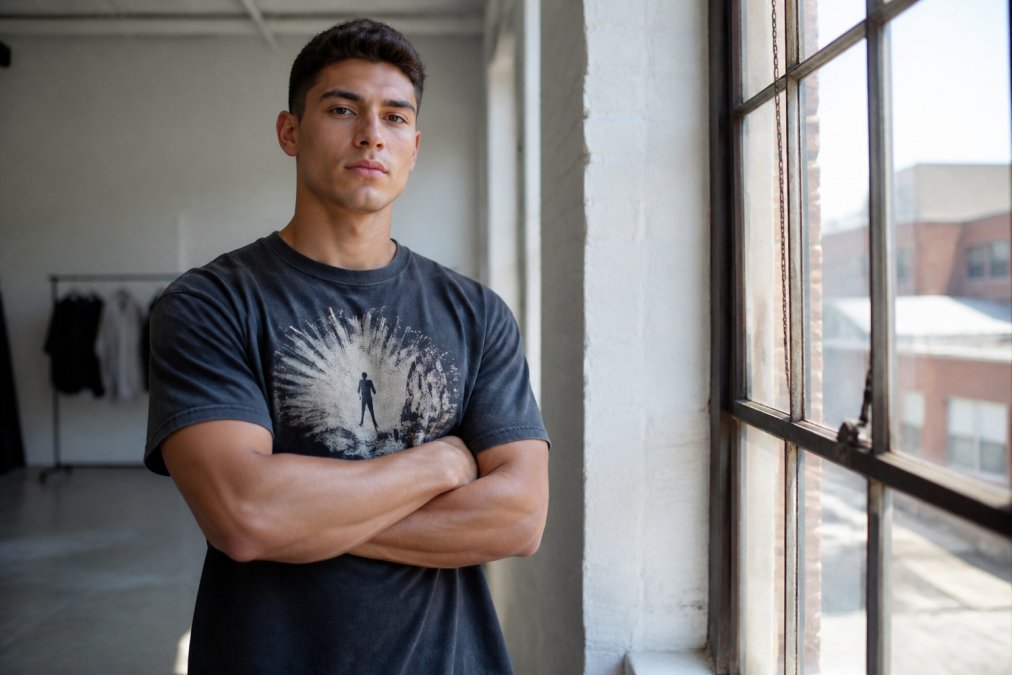 Person wearing a bold graphic tee standing confidently with arms crossed, looking forward with calm determination, natural lighting from a window