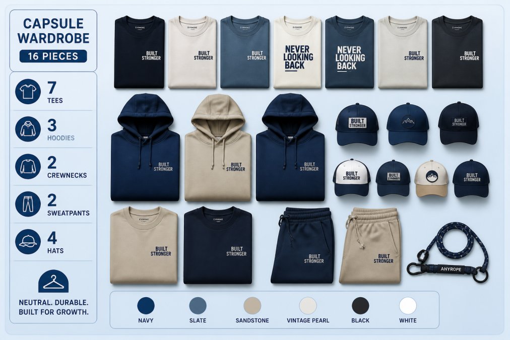 Organized collection of neutral-toned heavyweight streetwear pieces laid flat on a surface, including tees, hoodie, and hat arranged together showing complementary colors and textures