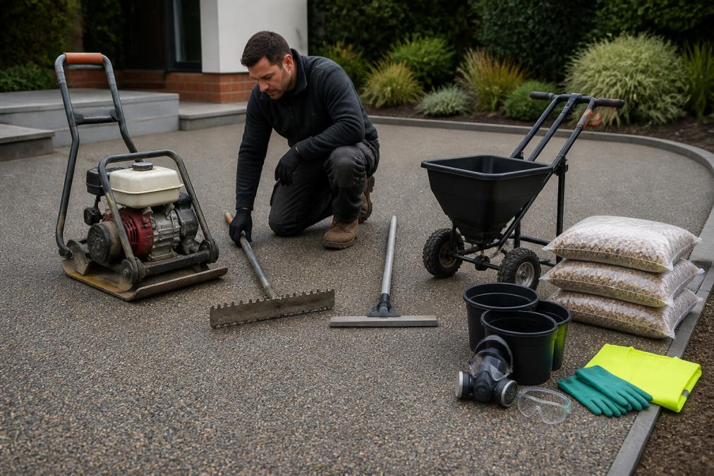 Professional installer laying out tools and materials on prepared driveway surface, including compactor, spreader, bags of aggregate, and safety equipment arranged neatly