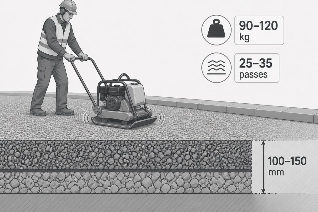 Worker operating mechanical plate compactor over freshly laid crushed stone sub-base, showing compacted gravel surface with visible depth and consolidation