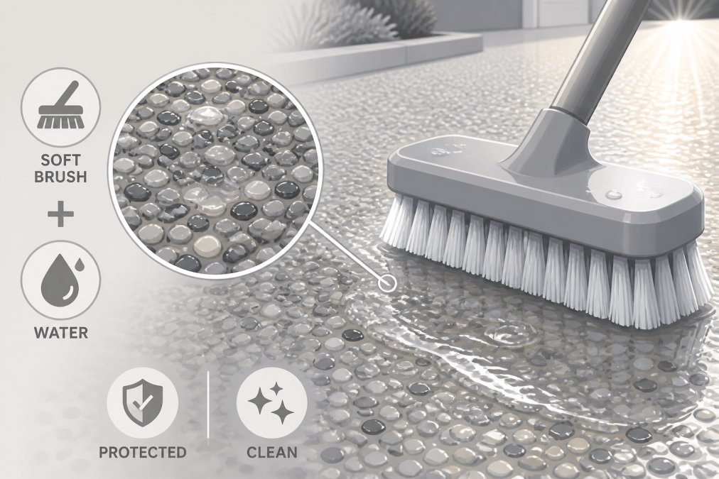 Close-up of a resin bound driveway surface being gently cleaned with a soft brush and water, showing the aggregate detail and glossy finish catching natural sunlight