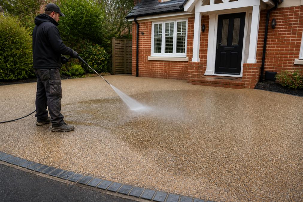 Professional demonstrating resin bound driveway pressure washing technique at safe distance on a residential driveway, holding the pressure washer lance at a controlled angle with proper spray pattern visible