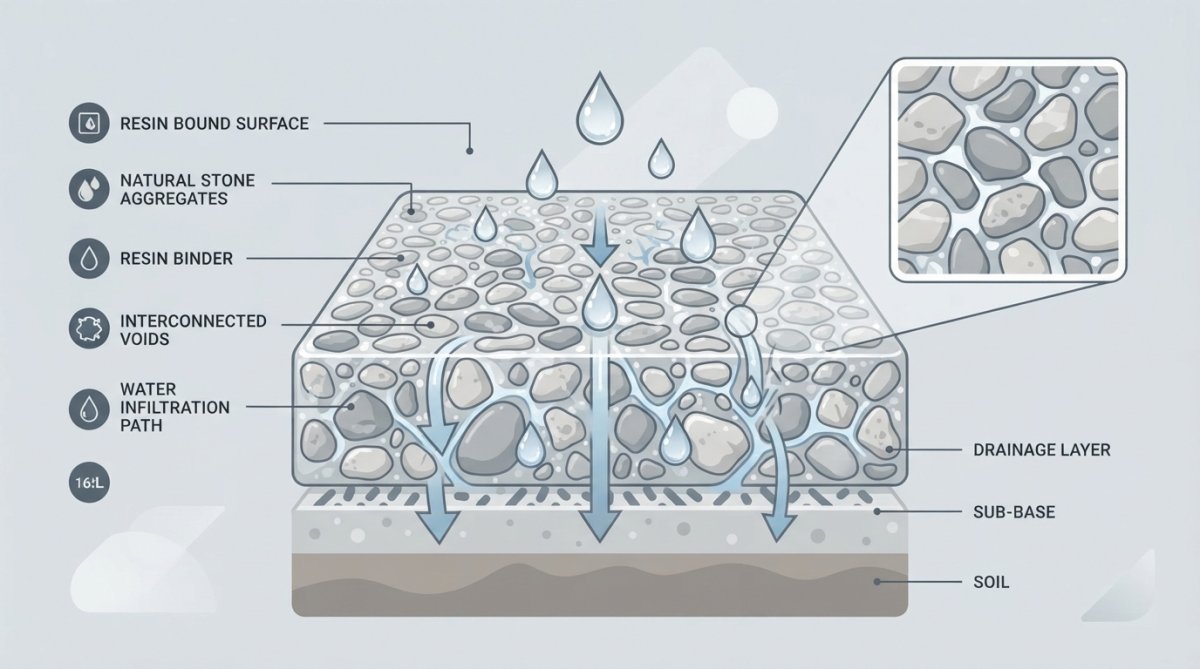 Close-up of natural stone aggregates embedded in clear resin on a driveway surface, with water droplets visible on the porous texture demonstrating water infiltration