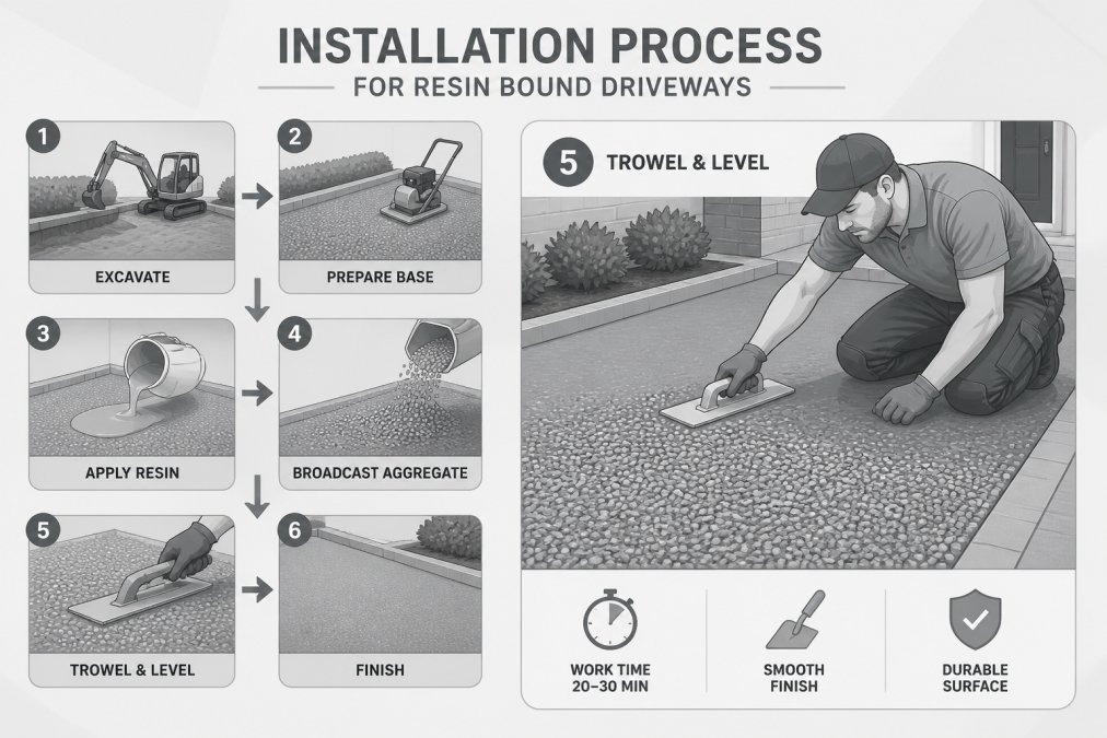 Professional installer applying resin bound material to driveway with trowel, showing wet application process and aggregate stones being worked into the surface with precision